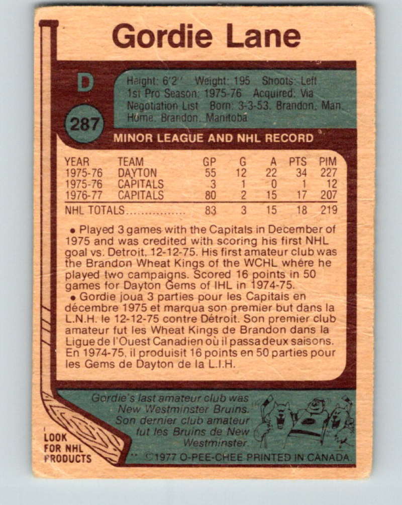 1977-78 O-Pee-Chee #287 Gord Lane NHL  RC Rookie Capitals 9922