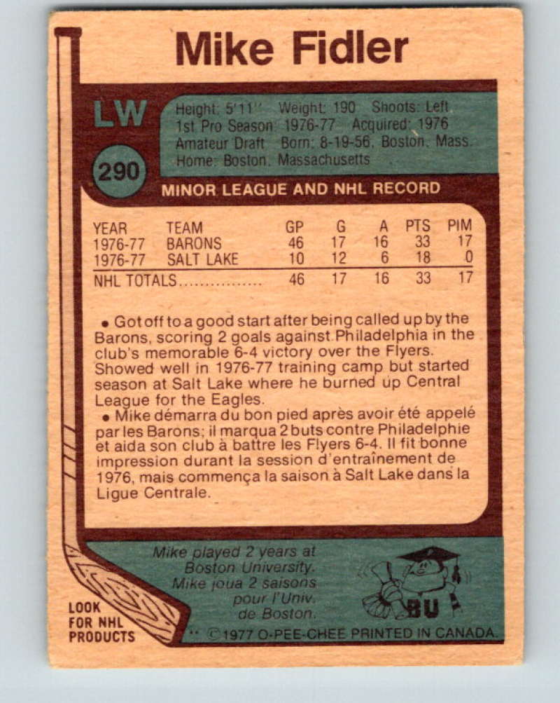 1977-78 O-Pee-Chee #290 Mike Fidler NHL  RC Rookie Barons 9925
