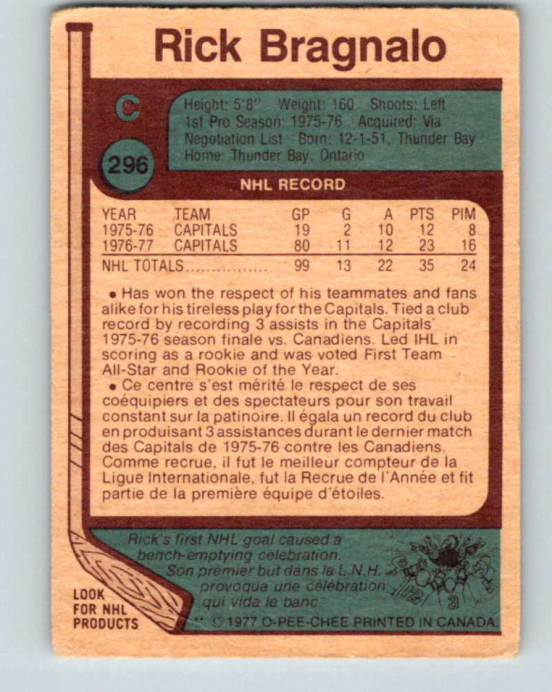 1977-78 O-Pee-Chee #296 Rick Bragnalo NHL  RC Rookie Capitals 9931 Image 2