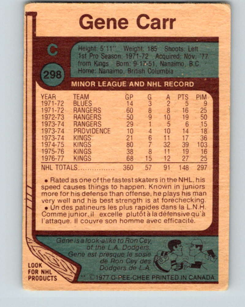 1977-78 O-Pee-Chee #298 Gene Carr NHL  Penguins 9933 Image 2