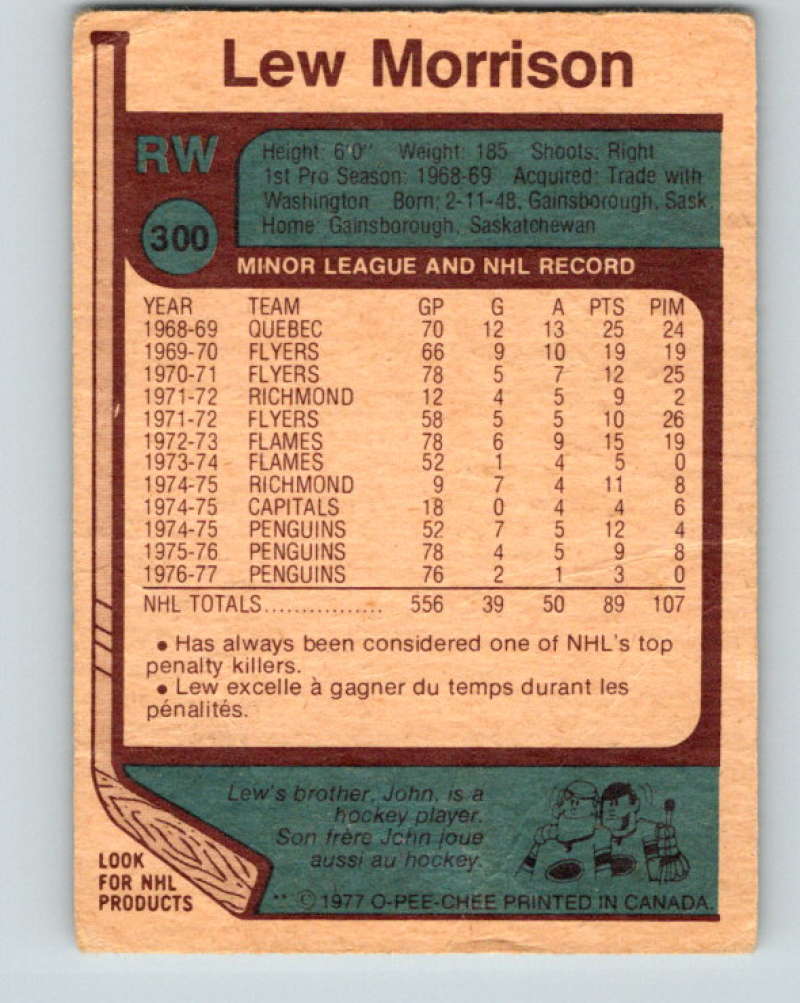 1977-78 O-Pee-Chee #300 Lew Morrison NHL  Penguins 9935 Image 2