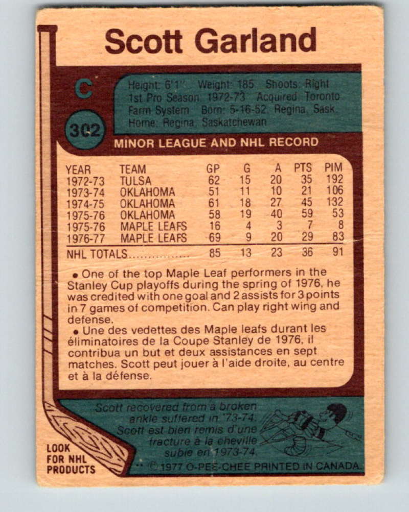 1977-78 O-Pee-Chee #302 Scott Garland NHL  Maple Leafs 9937 Image 2