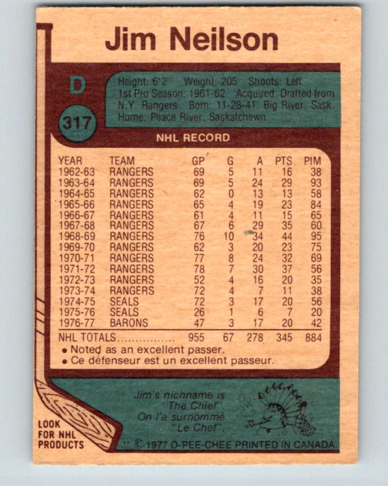 1977-78 O-Pee-Chee #317 Jim Neilson NHL  Barons 9952 Image 2