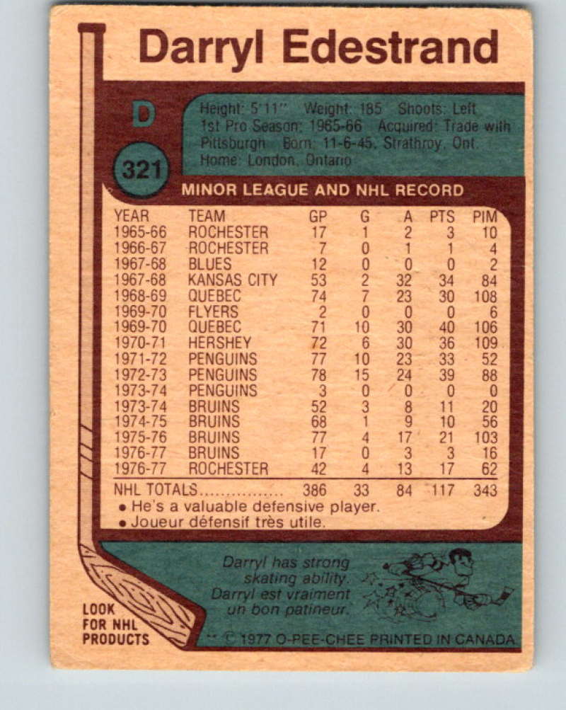 1977-78 O-Pee-Chee #321 Darryl Edestrand NHL  Bruins 9956 Image 2