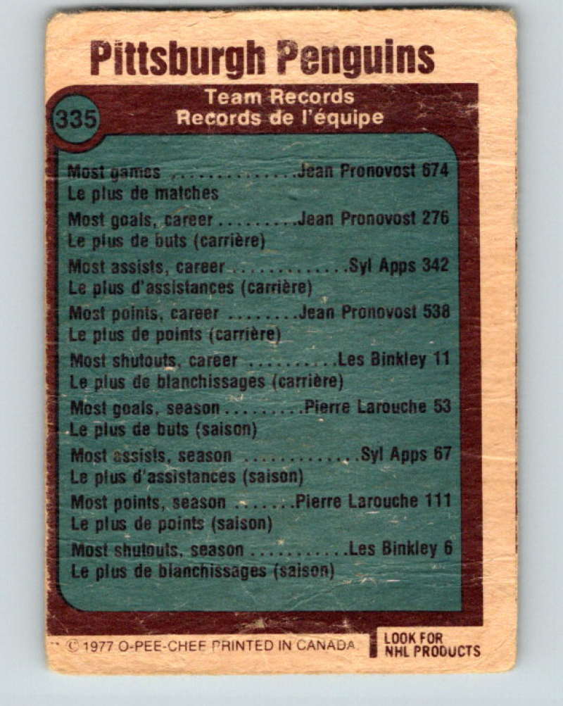 1977-78 O-Pee-Chee #335 Pittsburgh Penguins Records NHL  Penguins 9970 Image 2