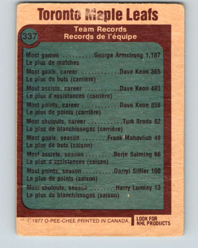 1977-78 O-Pee-Chee #337 Toronto Maple Leafs Records NHL  9972