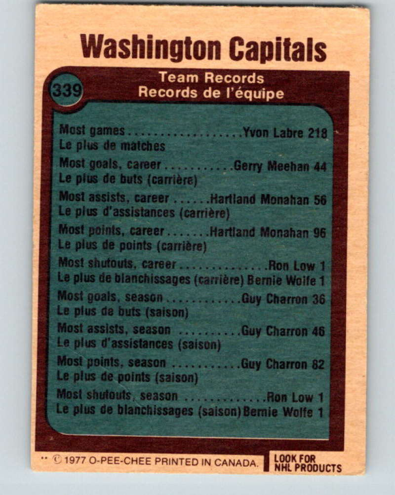 1977-78 O-Pee-Chee #339 Washington Capitals Records NHL  9974