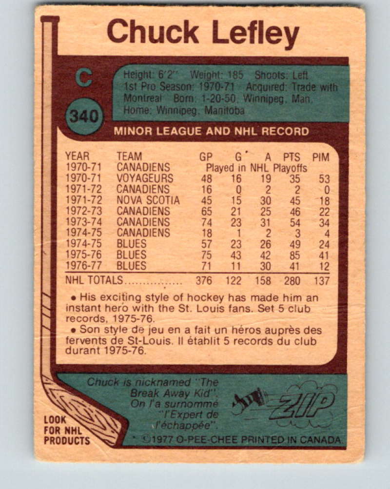 1977-78 O-Pee-Chee #340 Chuck Lefley NHL  Blues 9975 Image 2