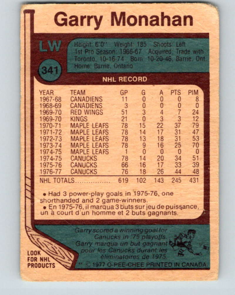 1977-78 O-Pee-Chee #341 Garry Monahan NHL  Canucks 9976 Image 2
