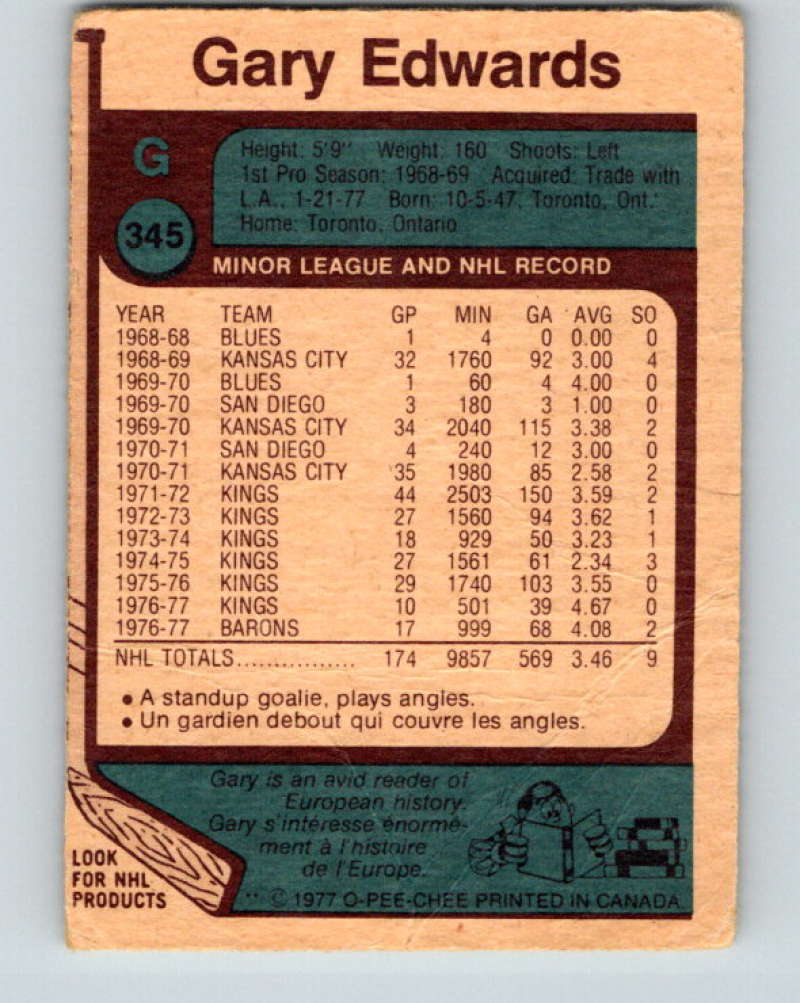 1977-78 O-Pee-Chee #345 Gary Edwards NHL  Barons 9980