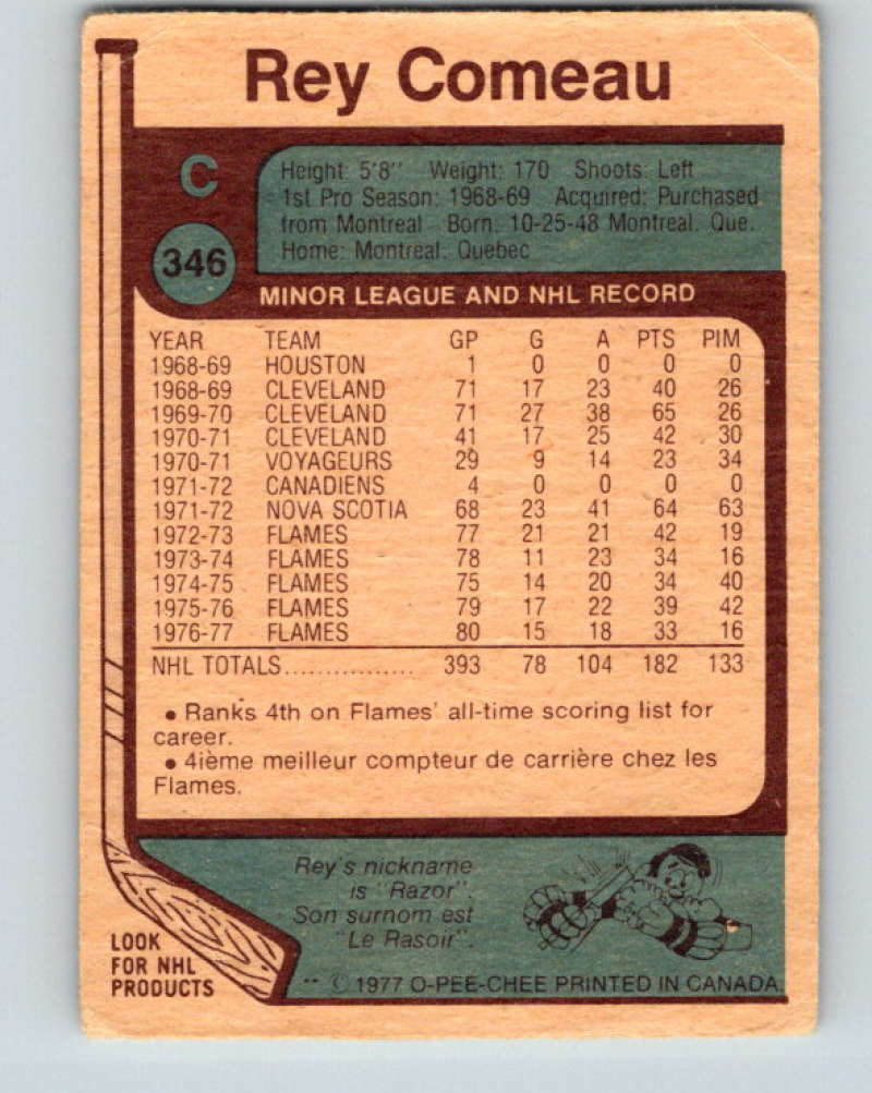 1977-78 O-Pee-Chee #346 Rey Comeau NHL  Flames 9981 Image 2
