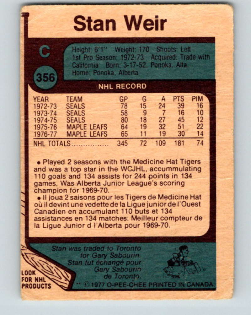 1977-78 O-Pee-Chee #356 Stan Weir NHL  Maple Leafs 9991 Image 2