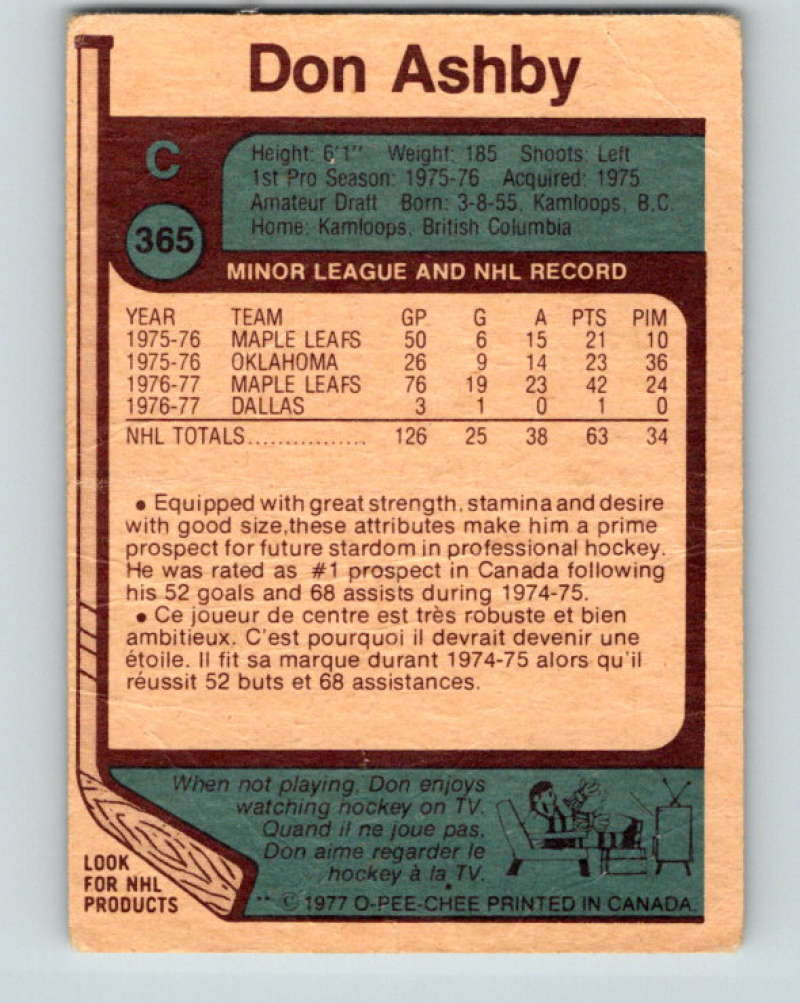 1977-78 O-Pee-Chee #365 Don Ashby NHL  RC Rookie Maple Leafs 10001
