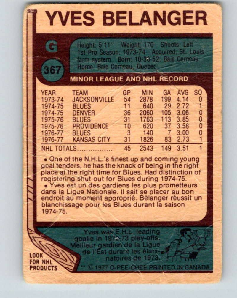 1977-78 O-Pee-Chee #367 Yves Belanger NHL  Blues 10003