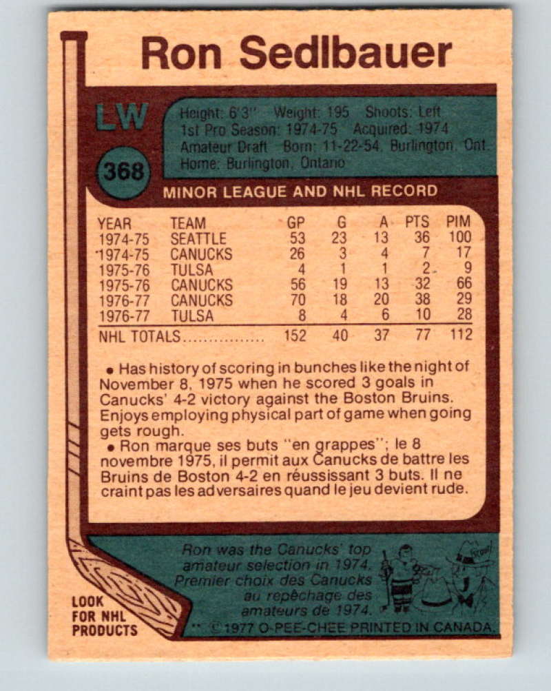 1977-78 O-Pee-Chee #368 Ron Sedlbauer NHL  Canucks 10004 Image 2