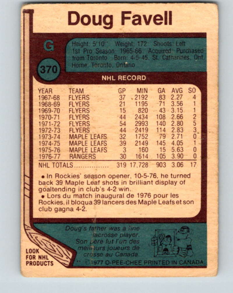 1977-78 O-Pee-Chee #370 Doug Favell NHL  Rockies 10006