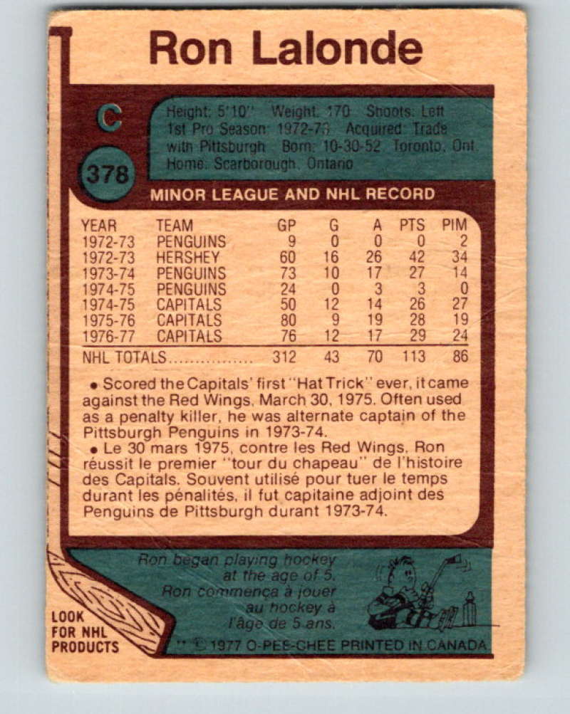 1977-78 O-Pee-Chee #378 Ron Lalonde NHL  Capitals 10114 Image 2
