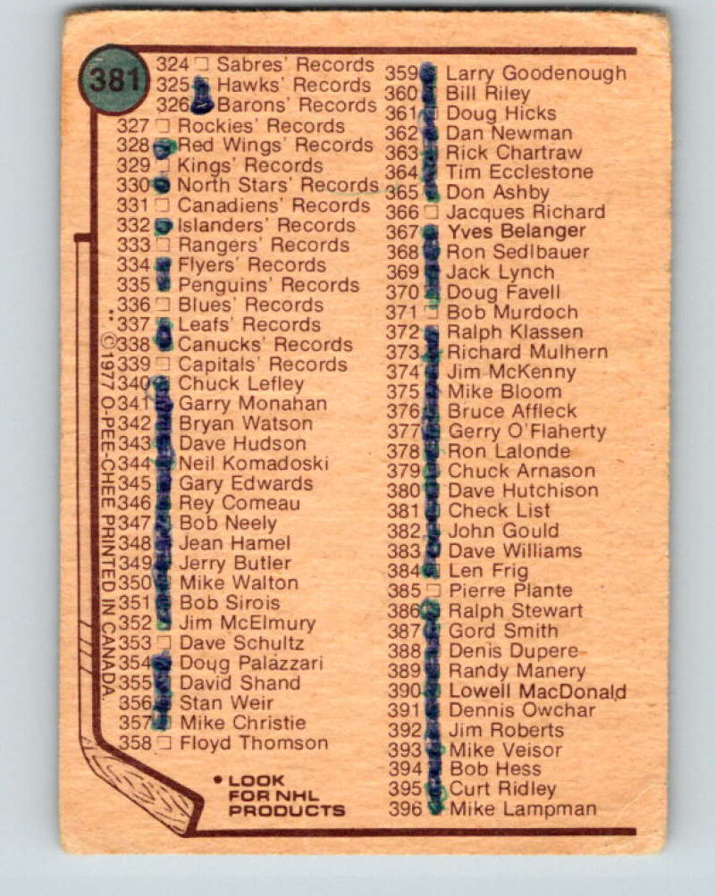 1977-78 O-Pee-Chee #381a Checklist NHL  ERR 10118