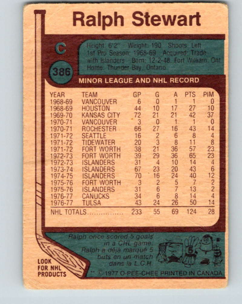 1977-78 O-Pee-Chee #386 Ralph Stewart NHL  Canucks 10123 Image 2