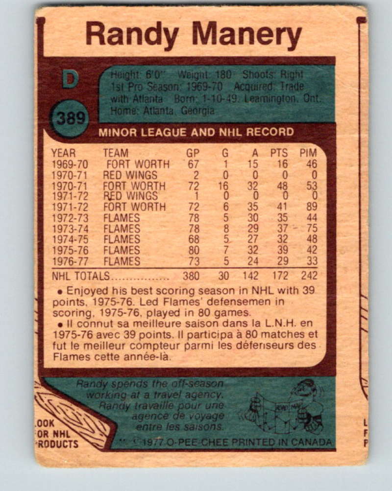 1977-78 O-Pee-Chee #389 Randy Manery NHL  Kings 10126