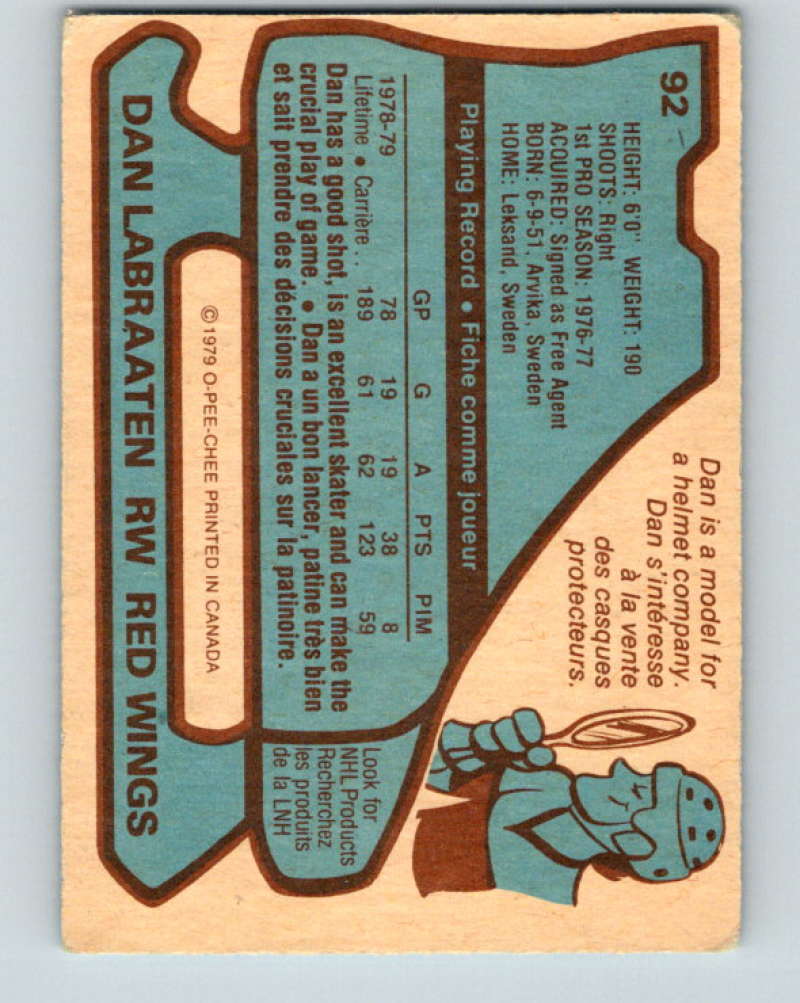 1979-80 O-Pee-Chee #92 Dan Labraaten NHL  Red Wings 10252