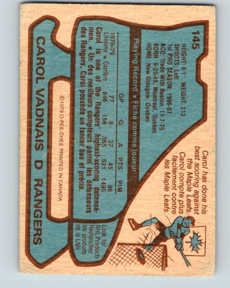 1979-80 O-Pee-Chee #145 Carol Vadnais NHL  NY Rangers 10317