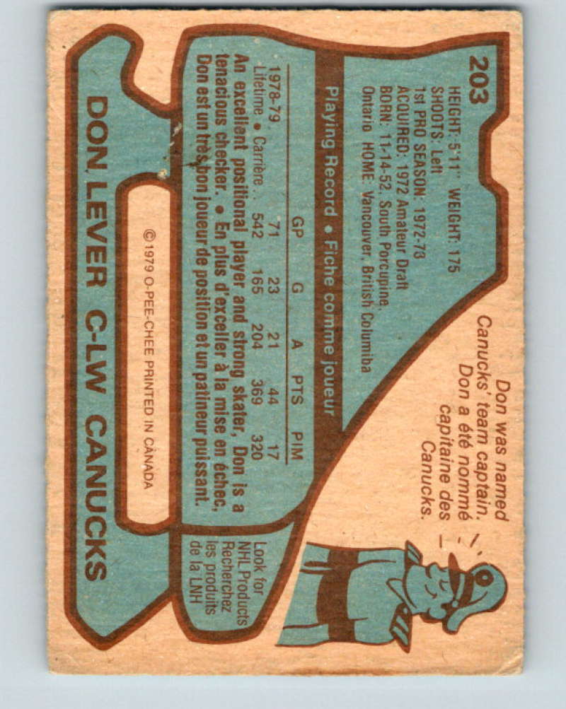 1979-80 O-Pee-Chee #203 Don Lever NHL  Canucks 10394