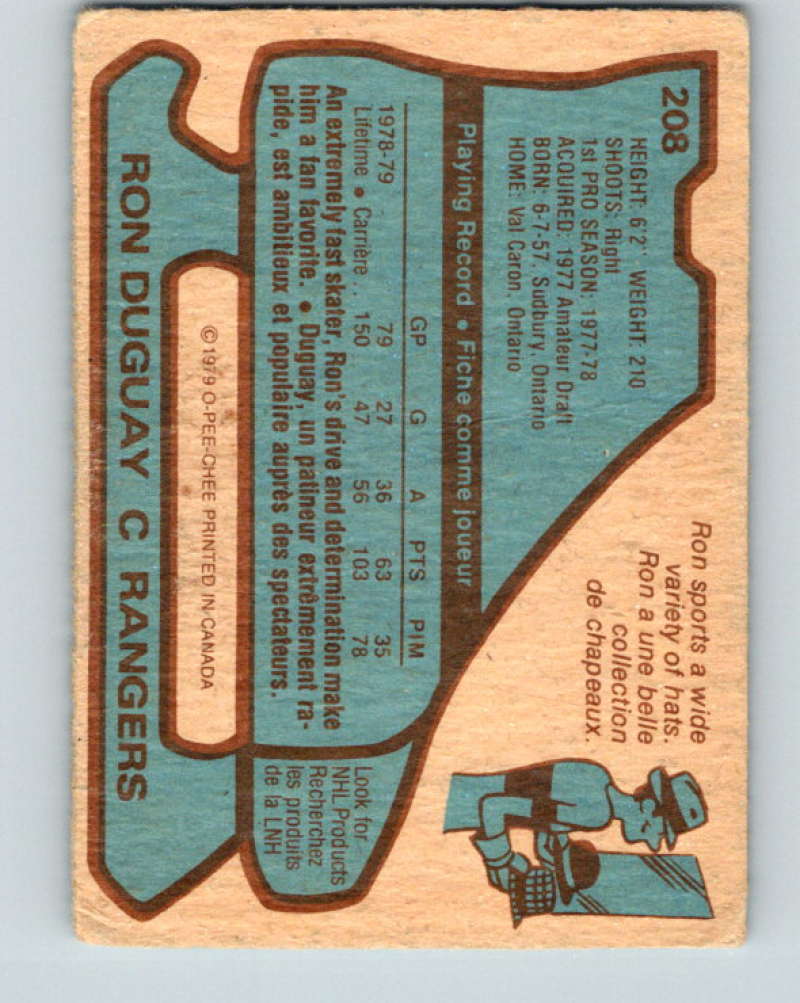 1979-80 O-Pee-Chee #208 Ron Duguay NHL  NY Rangers 10402
