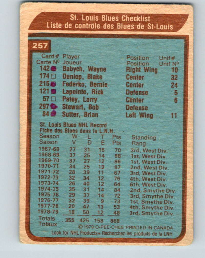 1979-80 O-Pee-Chee #257 Blues Team NHL  Blues CL 10467
