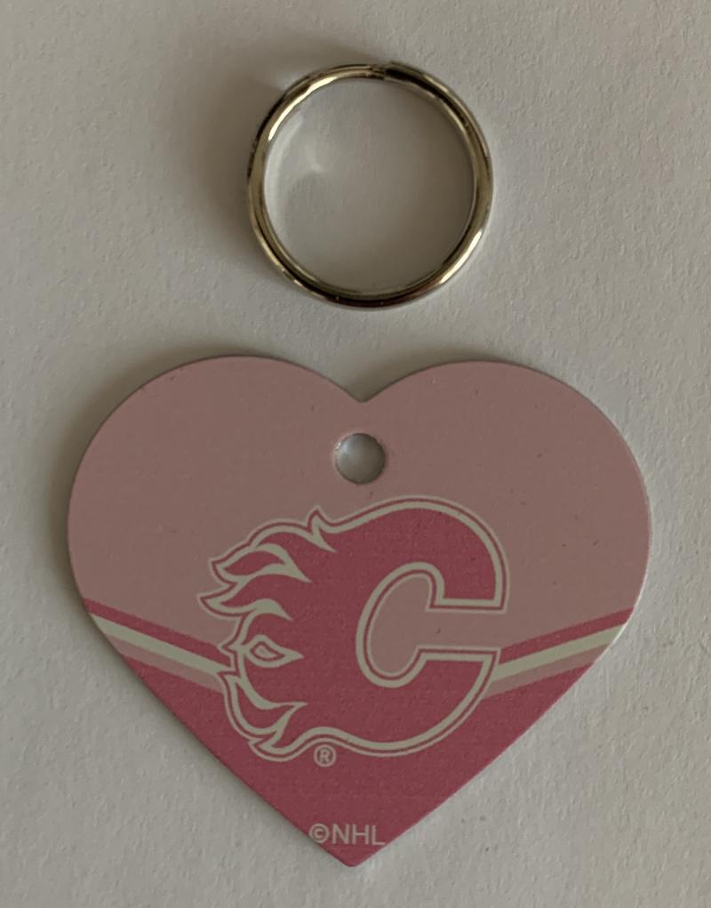 Calgary Flames NHL Hockey Pink Heart ID Tag with Ring - Pets, People etc Image 1