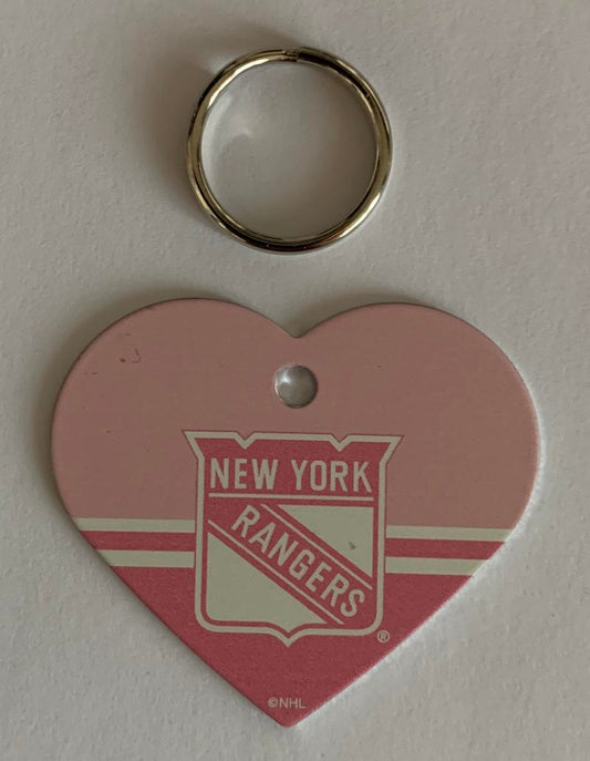New York Rangers NHL Hockey Pink Heart ID Tag with Ring - Pets, People etc Image 1