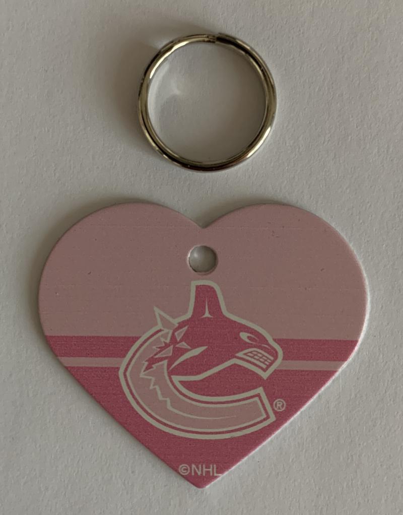 Vancouver Canucks NHL Hockey Pink Heart ID Tag with Ring - Pets, People etc Image 1