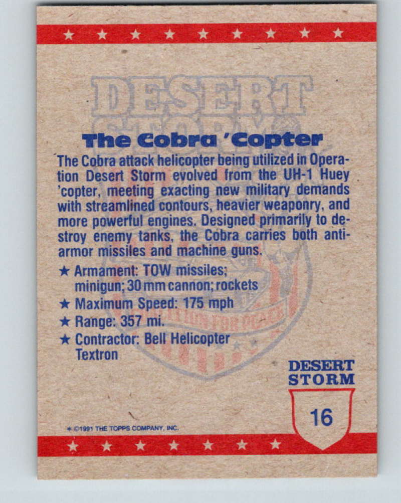 1991 Topps Desert Storm #16 Cobra 'Copter Mint  Image 2