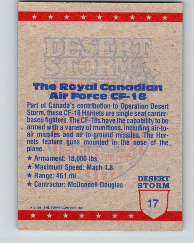 1991 Topps Desert Storm #17 Canadian Air Force CF-18 Mint  Image 2