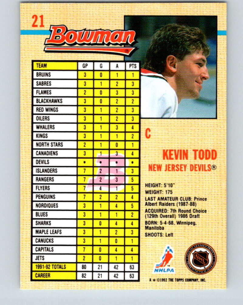 1992-93 Bowman #21 Kevin Todd Mint New Jersey Devils  Image 2