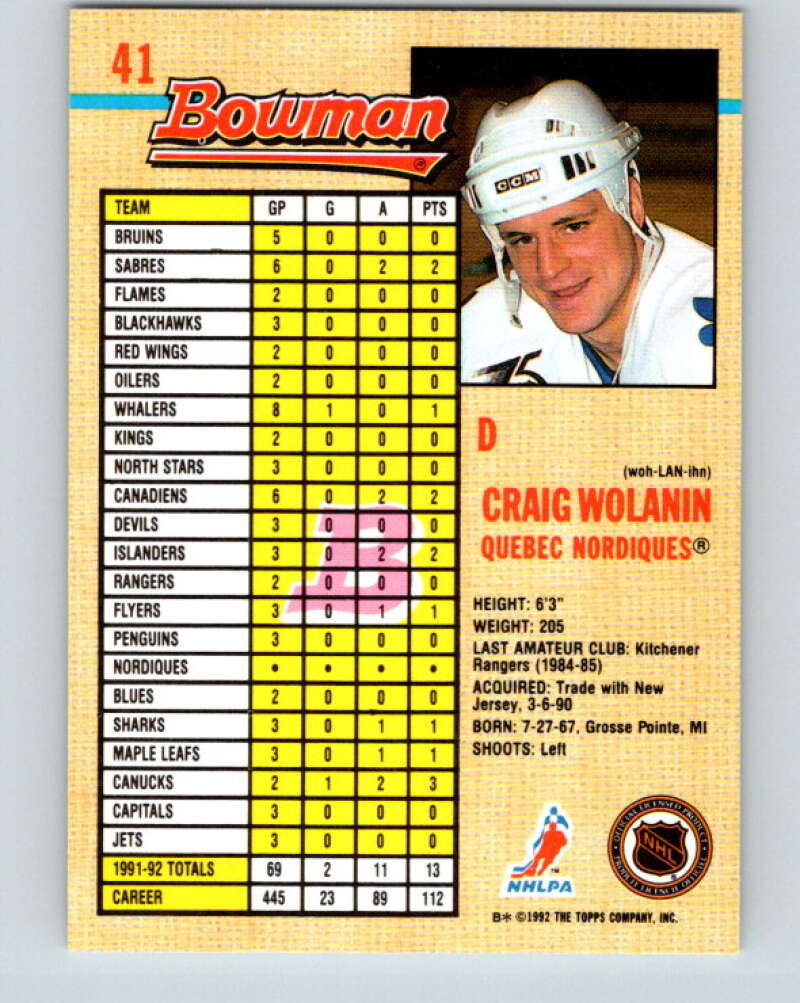 1992-93 Bowman #41 Craig Wolanin Mint Quebec Nordiques