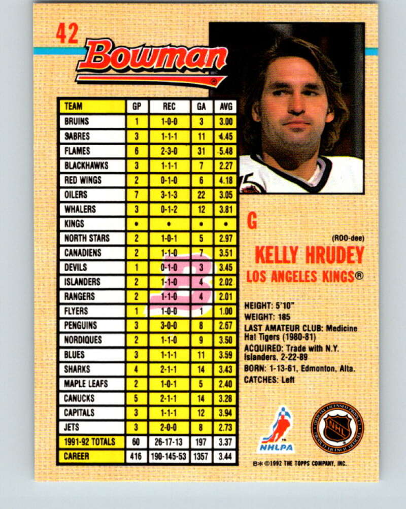 1992-93 Bowman #42 Kelly Hrudey Mint Los Angeles Kings  Image 2