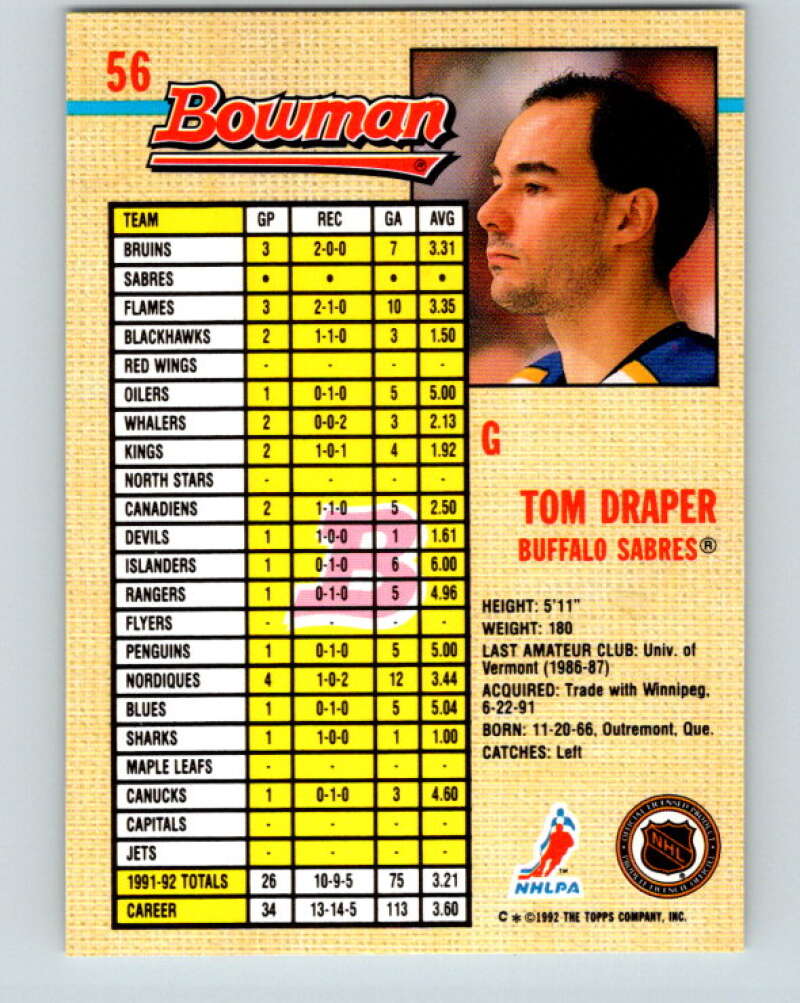 1992-93 Bowman #56 Tom Draper Mint Buffalo Sabres  Image 2