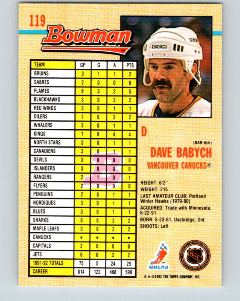 1992-93 Bowman #119 Dave Babych Mint Vancouver Canucks  Image 2