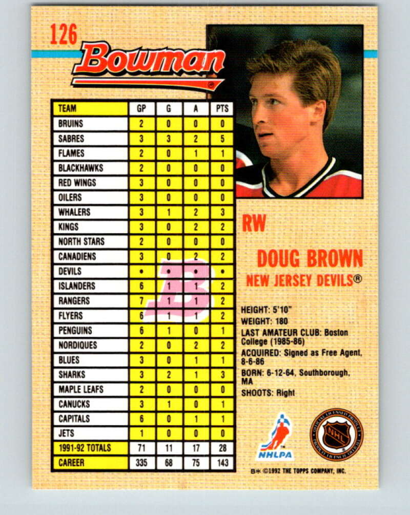 1992-93 Bowman #126 Doug Brown Mint New Jersey Devils  Image 2