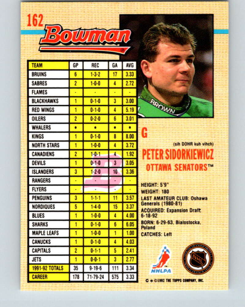 1992-93 Bowman #162 Peter Sidorkiewicz Mint Hartford Whalers Image 2