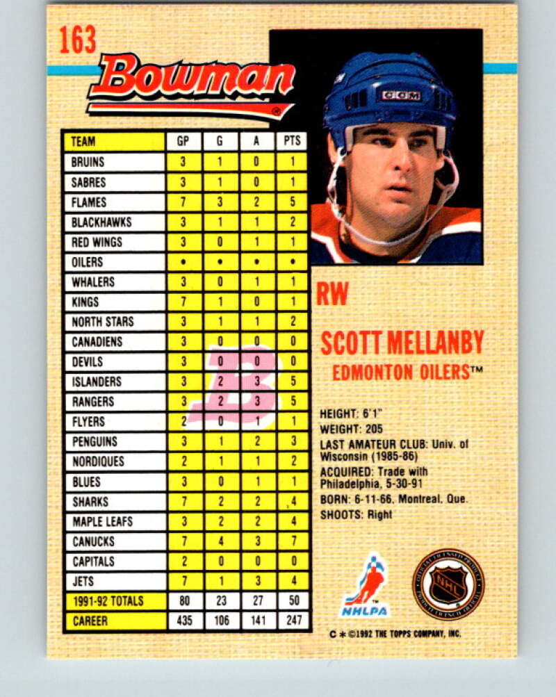 1992-93 Bowman #163 Scott Mellanby Mint Edmonton Oilers  Image 2