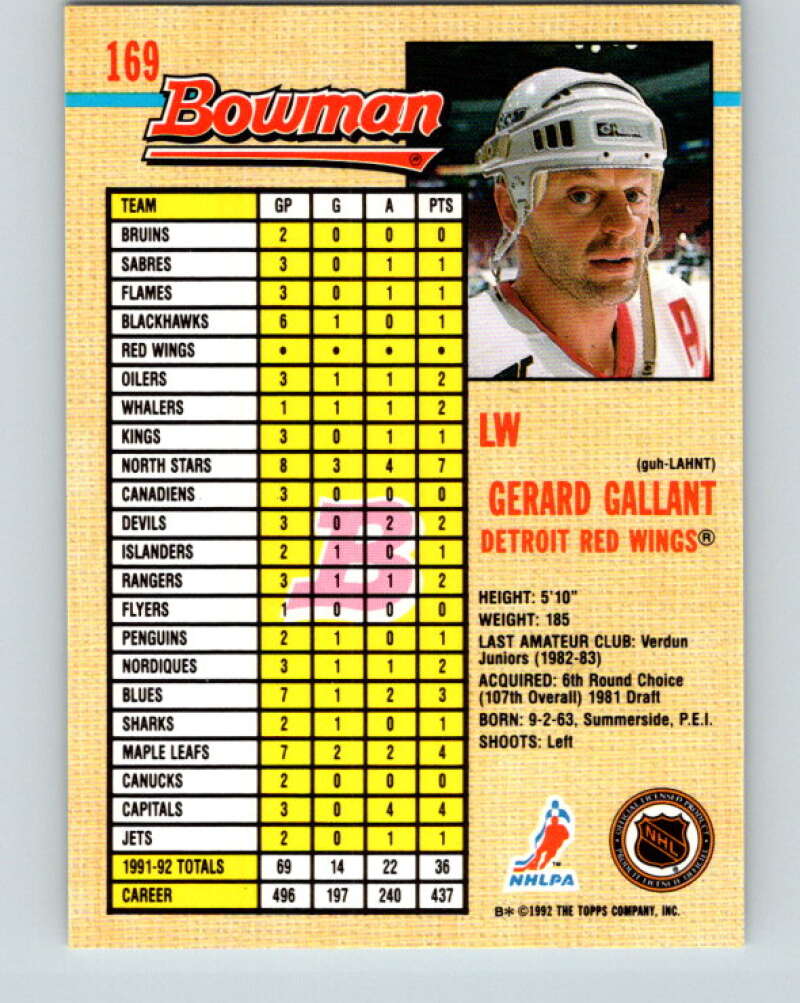 1992-93 Bowman #169 Gerard Gallant Mint Detroit Red Wings