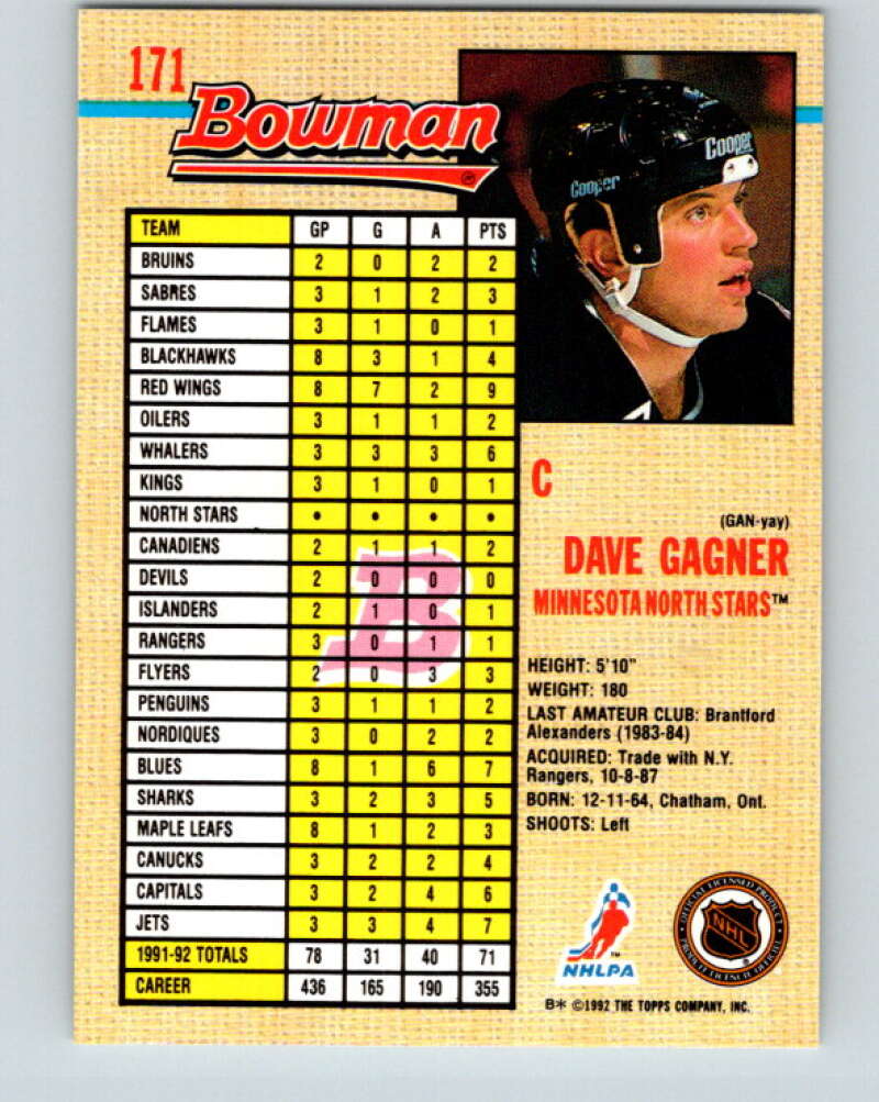 1992-93 Bowman #171 Dave Gagner Mint Minnesota North Stars  Image 2