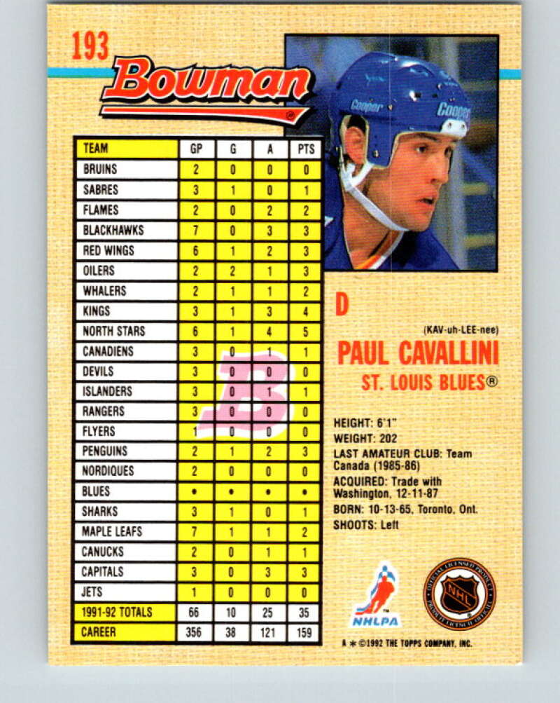 1992-93 Bowman #193 Paul Cavallini Mint St. Louis Blues  Image 2