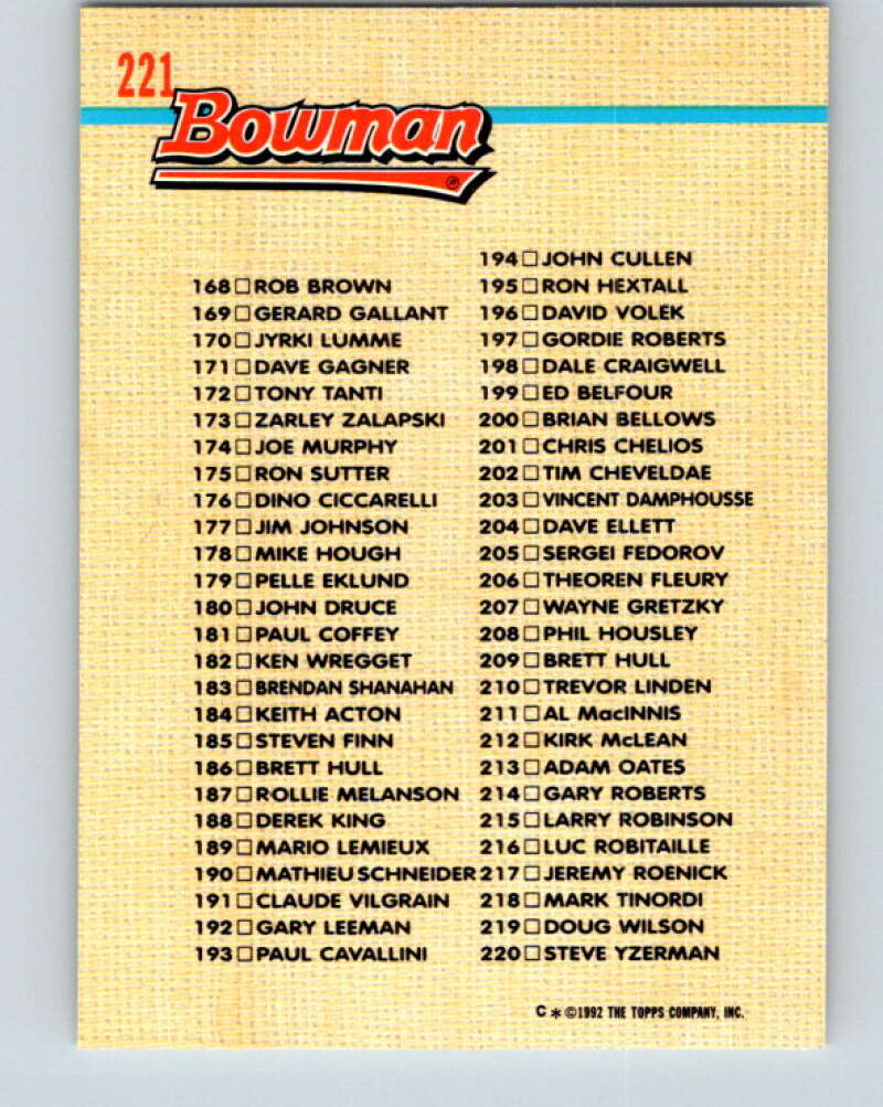 1992-93 Bowman #221 Checklist 111-220 Mint  Image 2