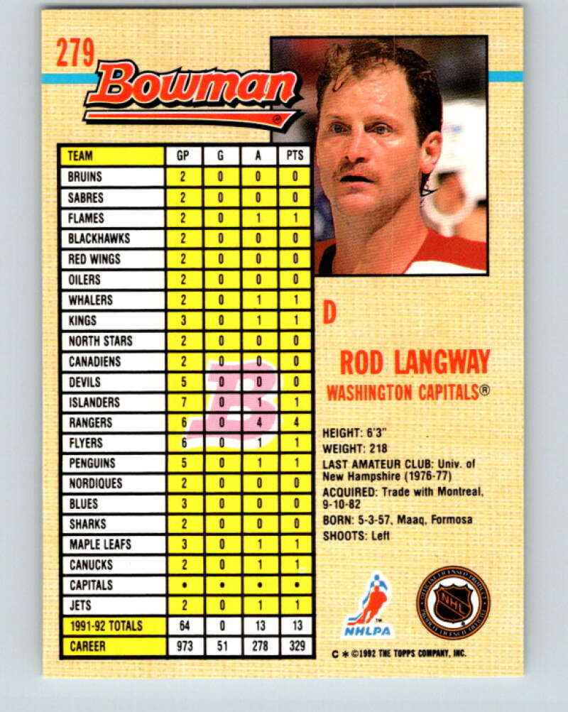 1992-93 Bowman #279 Rod Langway Mint Washington Capitals