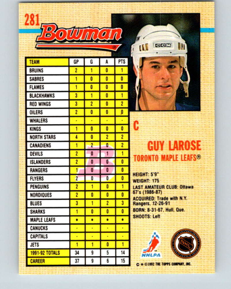 1992-93 Bowman #281 Guy Larose Mint Toronto Maple Leafs