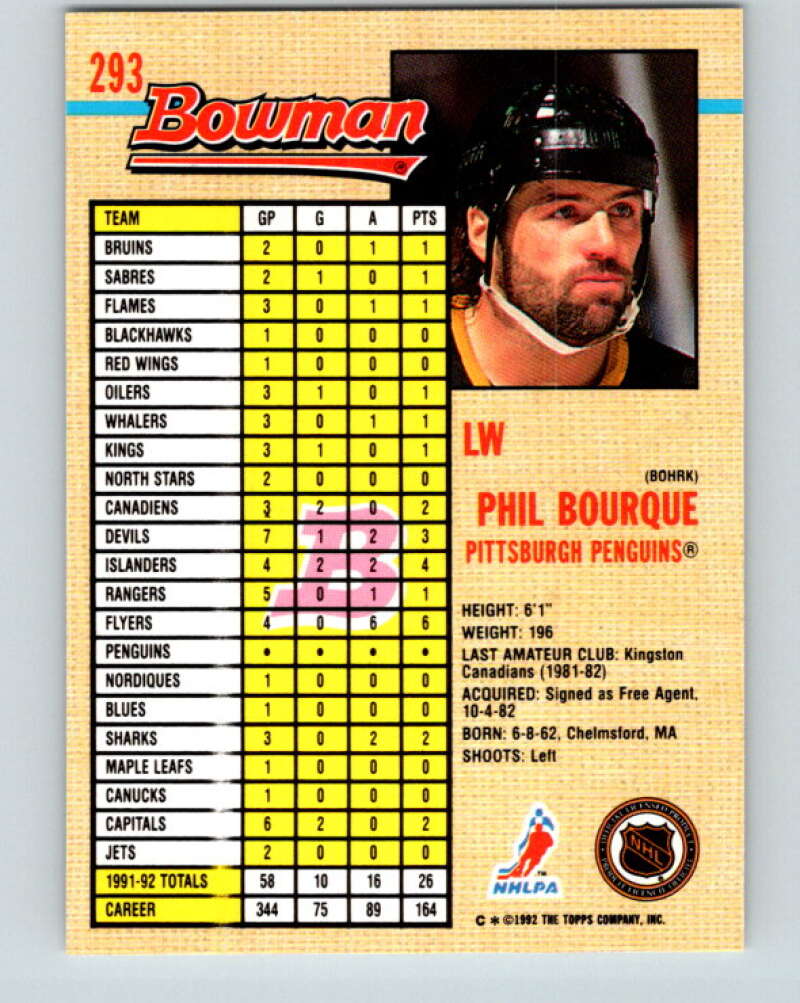 1992-93 Bowman #293 Phil Bourque Mint Pittsburgh Penguins  Image 2