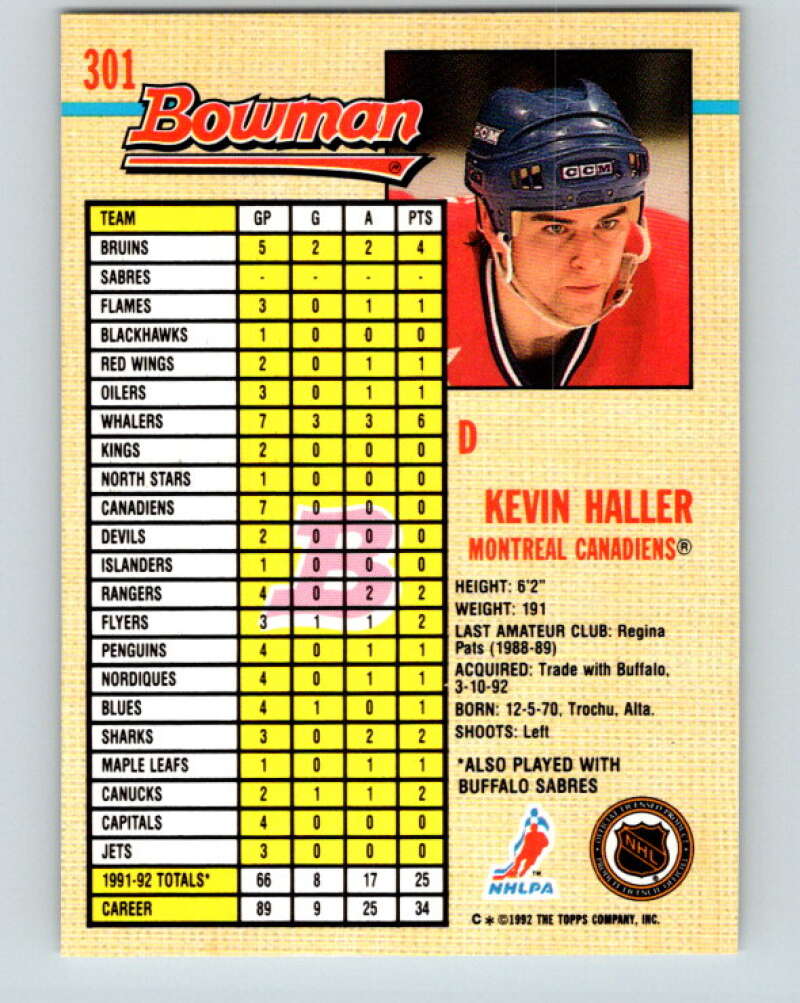 1992-93 Bowman #301 Kevin Haller Mint Montreal Canadiens  Image 2